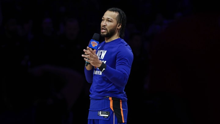 Apr 14, 2024; New York, New York, USA;  New York Knicks guard Jalen Brunson (11) speaks to the fans prior to the start of the game against the Chicago Bulls at Madison Square Garden. Mandatory Credit: Wendell Cruz-USA TODAY Sports