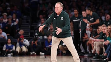 Nov 18, 2025; New York, New York, USA; Michigan State Spartans head coach Tom Izzo reacts during the second half against the Kentucky Wildcats at Madison Square Garden. Mandatory Credit: Vincent Carchietta-Imagn Images
