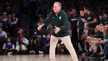 Nov 18, 2025; New York, New York, USA; Michigan State Spartans head coach Tom Izzo reacts during the second half against the Kentucky Wildcats at Madison Square Garden. Mandatory Credit: Vincent Carchietta-Imagn Images