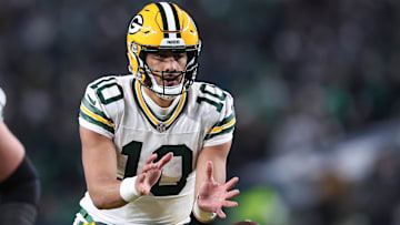 Jan 12, 2025; Philadelphia, Pennsylvania, USA; Green Bay Packers quarterback Jordan Love (10) drops back to pass against the Philadelphia Eagles during the third quarter in an NFC wild card game at Lincoln Financial Field. Mandatory Credit: Bill Streicher-Imagn Images
