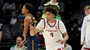 Mar 12, 2025; Charlotte, NC, USA; Stanford Cardinal guard Oziyah Sellers (4) reacts in the second half at Spectrum Center. Mandatory Credit: Bob Donnan-Imagn Images