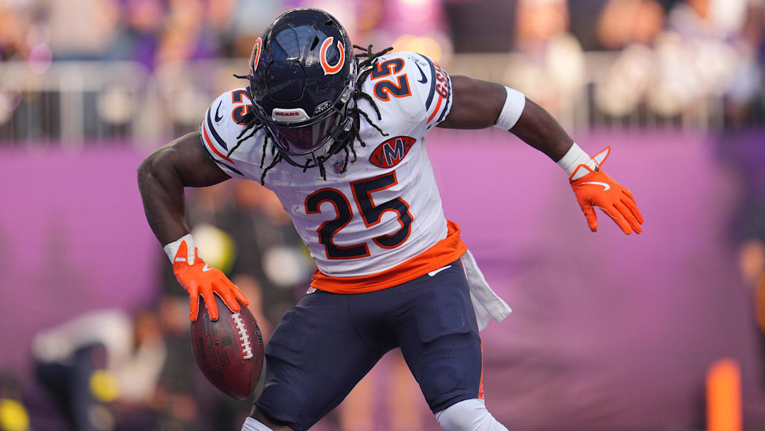 Nov 16, 2025; Minneapolis, Minnesota, USA; Chicago Bears running back Kyle Monangai (25) celebrates a touchdown during the second quarter against the Minnesota Vikings at U.S. Bank Stadium. 