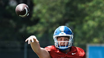 Kentucky QB Zach Calzada (5) passes during practice at the Joe Craft football practice field in Lexington, Ky. on Aug. 1, 2025.