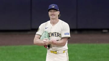 Milwaukee Brewers pitcher Shelby Miller (55) smiles after throwing a strike during the ninth inning of their game against the Arizona Diamondbacks Tuesday, August 26, 2025 at American Family Field in Milwaukee, Wisconsin.