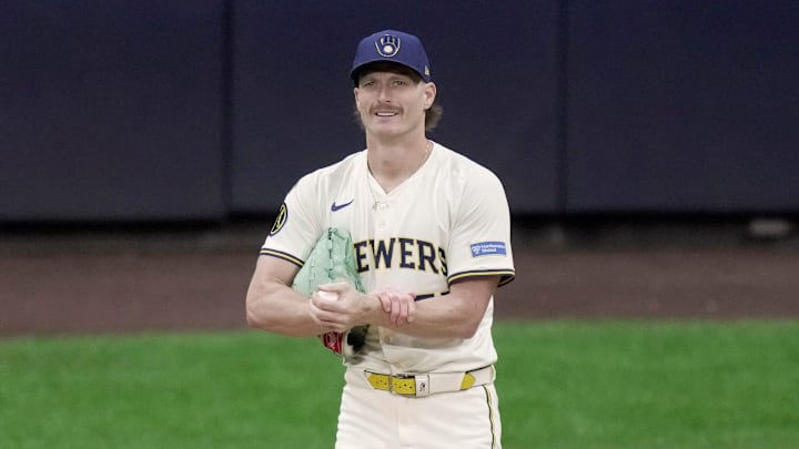 Milwaukee Brewers pitcher Shelby Miller (55) smiles after throwing a strike during the ninth inning of their game against the Arizona Diamondbacks Tuesday, August 26, 2025 at American Family Field in Milwaukee, Wisconsin.