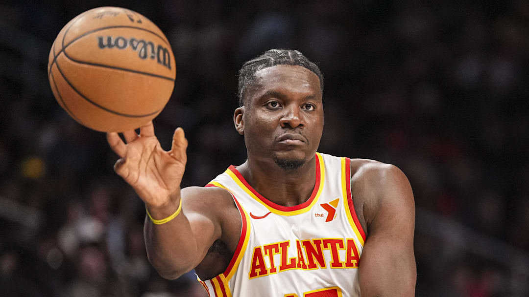 Atlanta Hawks center Clint Capela (15) inbounds the ball against the Toronto Raptors during the first half at State Farm Arena.