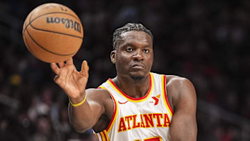 Atlanta Hawks center Clint Capela (15) inbounds the ball against the Toronto Raptors during the first half at State Farm Arena.