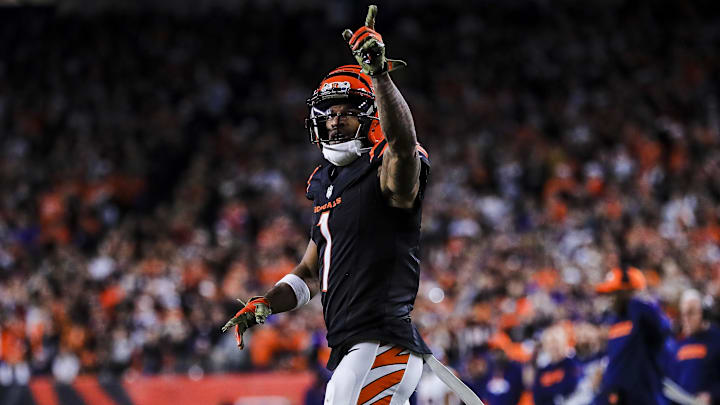 Cincinnati Bengals wide receiver Ja'Marr Chase reacts after a play against the Denver Broncos. Cincinnati Bengals wide receiver Ja'Marr Chase reacts after a play against the Denver Broncos.