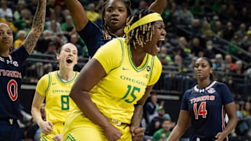 Oregon center Phillipina Kyei celebrates after getting fouled as the Oregon Ducks host the Auburn Tigers on Wednesday, Nov. 20, 2024, at Matthew Knight Arena in Eugene, Ore.