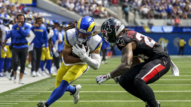Sep 7, 2025; Inglewood, California, USA; Houston Texans cornerback Derek Stingley Jr. (24) attempts to tackle Los Angeles Ram