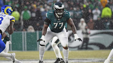 Jan 19, 2025; Philadelphia, Pennsylvania, USA; Philadelphia Eagles offensive tackle Mekhi Becton (77) against the Philadelphia Eagles in a 2025 NFC divisional round game at Lincoln Financial Field.