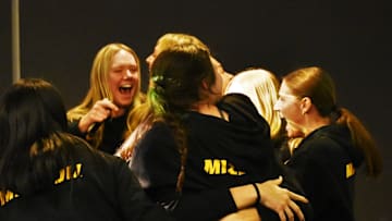 The Missouri volleyball team celebrates after getting selected into the NCAA Tournament during a NCAA Tournament Selection Show watch party in the Columns Club at Faurot Field on Nov. 26, 2023, in Columbia, Mo.