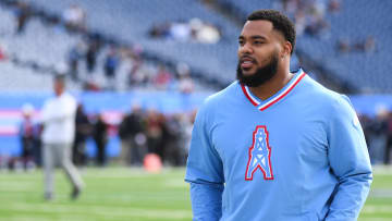 Dec 17, 2023; Nashville, Tennessee, USA; Tennessee Titans defensive tackle Jeffery Simmons (98) walks on the field before the game against the Houston Texans at Nissan Stadium. Mandatory Credit: Christopher Hanewinckel-USA TODAY Sports