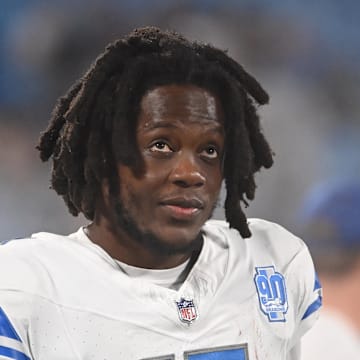 Detroit Lions quarterback Teddy Bridgewater on the sidelines in the fourth quarter at Bank of America Stadium. 