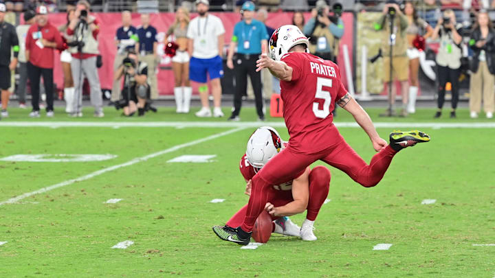 Nov 12, 2023; Glendale, Arizona, USA;  Arizona Cardinals place kicker Matt Prater (5) kicks the game winning field goal in the second half against the Atlanta Falcons