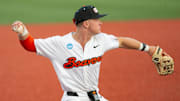 Oregon State's Trent Caraway throws to first base against Tulane in the Corvallis Regional of the NCAA Tournament Friday, May 31, 2024, at Goss Stadium in Corvallis, Ore.