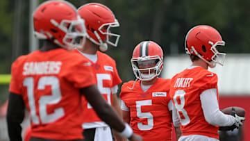 Cleveland Browns quarterback Dillon Gabriel (5) mingles with the other quarterbacks during training camp July 25, 2025, in Berea, Ohio.