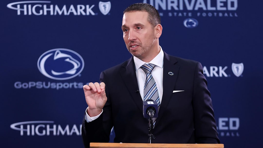 Dec 8, 2025; University Park, PA, USA; Matt Campbell is announced as the Penn State Nittany Lions new head coach during a press conference at the Beaver Stadium Press Room. Mandatory Credit: Matthew O'Haren-Imagn Images