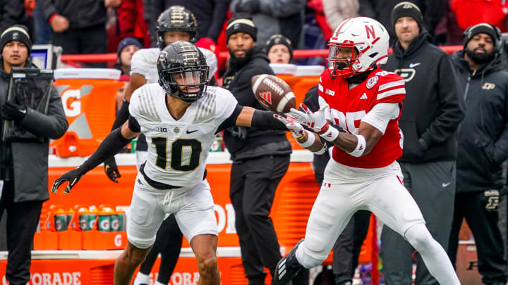 Oct 28, 2023; Lincoln, Nebraska, USA; Purdue Boilermakers defensive back Cam Allen (10) breaks up a pass to Nebraska Cornhuskers wide receiver Jaidyn Doss (85) during the first quarter at Memorial Stadium. 