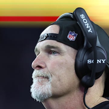Washington Commanders head coach Dan Quinn reacts during the first half against the New England Patriots.