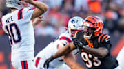 Nov 23, 2025; Cincinnati, Ohio, USA; Cincinnati Bengals defensive tackle McKinnley Jackson (93) rushes New England Patriots quarterback Drake Maye (10) in the third quarter  at Paycor Stadium. Mandatory Credit: Sam Greene-USA TODAY Network via Imagn Images