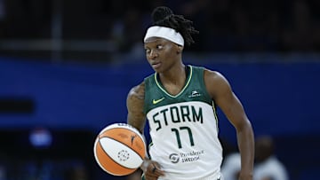 Aug 19, 2025; Chicago, Illinois, USA; Seattle Storm guard Erica Wheeler (17) brings the ball up court against the Chicago Sky during the second half at Wintrust Arena. Mandatory Credit: Kamil Krzaczynski-Imagn Images