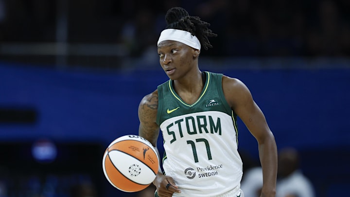 Aug 19, 2025; Chicago, Illinois, USA; Seattle Storm guard Erica Wheeler (17) brings the ball up court against the Chicago Sky during the second half at Wintrust Arena. Mandatory Credit: Kamil Krzaczynski-Imagn Images