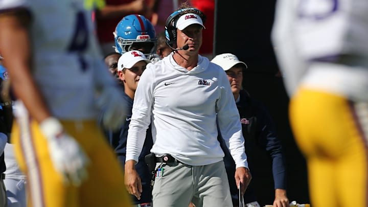 Sep 27, 2025; Oxford, Mississippi, USA; Mississippi Rebels head coach Lane Kiffin looks on during the first quarter against the LSU Tigers at Vaught-Hemingway Stadium. Mandatory Credit: Petre Thomas-Imagn Images
