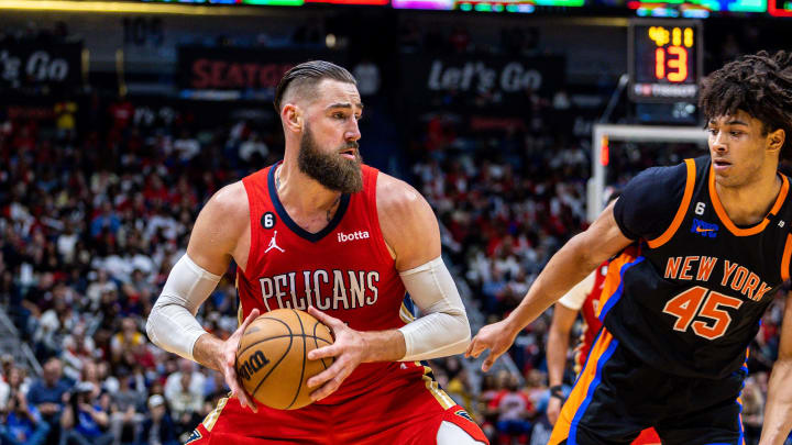 Apr 7, 2023; New Orleans, Louisiana, USA;  New Orleans Pelicans center Jonas Valanciunas (17) controls the ball against New York Knicks center Jericho Sims (45) during the second half at Smoothie King Center. Mandatory Credit: Stephen Lew-USA TODAY Sports