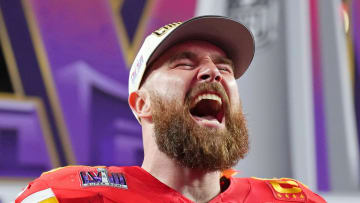 Feb 11, 2024; Paradise, Nevada, USA; Kansas City Chiefs tight end Travis Kelce (87) celebrates after winning Super Bowl LVIII against the San Francisco 49ers at Allegiant Stadium. Mandatory Credit: Kirby Lee-USA TODAY Sports