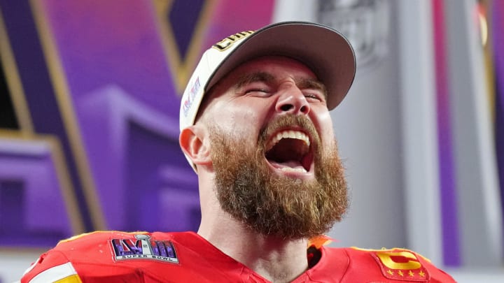 Feb 11, 2024; Paradise, Nevada, USA; Kansas City Chiefs tight end Travis Kelce (87) celebrates after winning Super Bowl LVIII against the San Francisco 49ers at Allegiant Stadium. Mandatory Credit: Kirby Lee-USA TODAY Sports