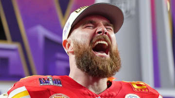 Kansas City Chiefs tight end Travis Kelce (87) celebrates after winning Super Bowl LVIII against the San Francisco 49ers at Allegiant Stadium. 