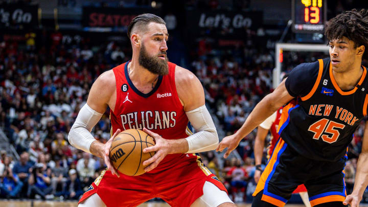 Apr 7, 2023; New Orleans, Louisiana, USA;  New Orleans Pelicans center Jonas Valanciunas (17) controls the ball against New York Knicks center Jericho Sims (45) during the second half at Smoothie King Center. Mandatory Credit: Stephen Lew-USA TODAY Sports