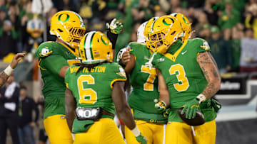 Oregon tight end Terrance Ferguson celebrates a touchdown alongside teammates as the Oregon Ducks host the Maryland Terrapins at Autzen Stadium Saturday, Nov. 9, 2024 in Eugene, Ore.