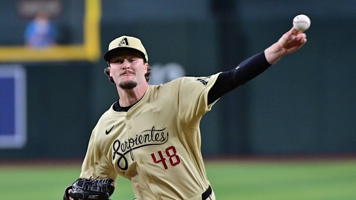 Jun 4, 2024; Phoenix, Arizona, USA;  Arizona Diamondbacks pitcher Blake Walston (48) throws in the first inning against the San Francisco Giants at Chase Field. Mandatory Credit: Matt Kartozian-Imagn Images