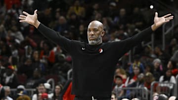 Apr 4, 2025; Chicago, Illinois, USA;  Portland Trail Blazers head coach Chauncey Billups leads his team against the Chicago Bulls during the second half at the United Center. Mandatory Credit: Matt Marton-Imagn Images