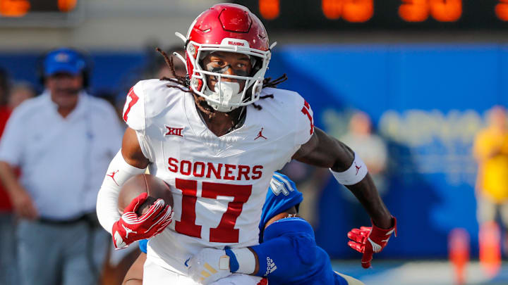 Sep 16, 2023; Tulsa, Oklahoma, USA; Oklahoma   s Jaquaize Pettaway (17) receives a pass and runs in the third quarter during an NCAA football game between University of Oklahoma (OU) and University of Tulsa at Skelly Field at H.A. Chapman Stadium. 