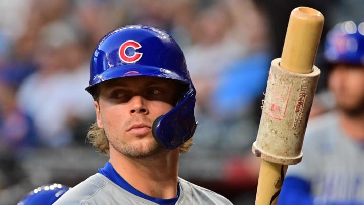 Apr 16, 2024; Phoenix, Arizona, USA; Chicago Cubs second baseman Nico Hoerner (2) in the on deck circle prior to a game against the Arizona Diamondbacks at Chase Field