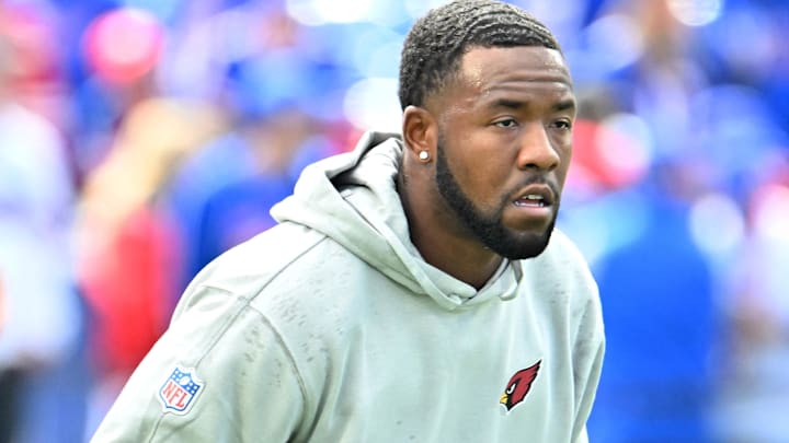 Sep 8, 2024; Orchard Park, New York, USA; Arizona Cardinals safety Budda Baker warms up before a game against the Buffalo Bills at Highmark Stadium. Mandatory Credit: Mark Konezny-Imagn Images