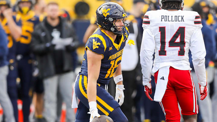 Nov 29, 2025; Morgantown, West Virginia, USA; West Virginia Mountaineers wide receiver Jeff Weimer (16) after a catch during the third quarter against the Texas Tech Red Raiders at Milan Puskar Stadium. Mandatory Credit: Ben Queen-Imagn Images