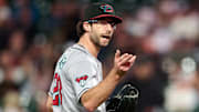 Sep 9, 2025; San Francisco, California, USA; Arizona Diamondbacks starting pitcher Zac Gallen (23) argues with home plate umpire Doug Eddings (88) (not pictured) during a pitching change against the San Francisco Giants during the seventh inning at Oracle Park. Mandatory Credit: Robert Edwards-Imagn Images