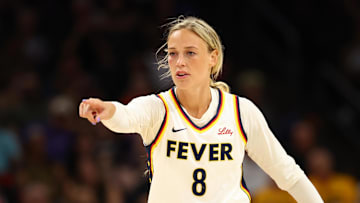 Aug 7, 2025; Phoenix, Arizona, USA; Indiana Fever guard Sophie Cunningham (8) reacts against the Phoenix Mercury during an WNBA game at PHX Arena. Mandatory Credit: Mark J. Rebilas-Imagn Images