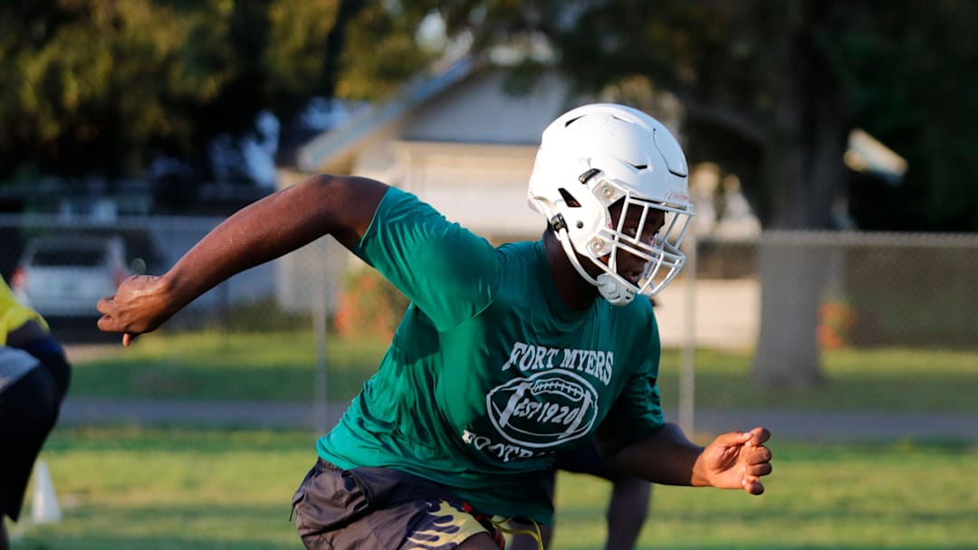 Kendall Guervil participates in early morning drills. Fort Myers High School football players were up early on Tuesday, August 1, 2023, as practices got underway for their upcoming season.