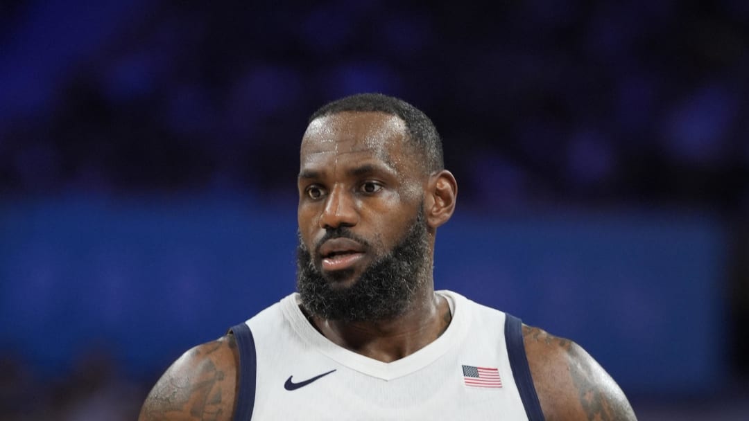 Jul 31, 2024; Villeneuve-d'Ascq, France; United States guard Lebron James (6) dribbles in the third quarter against South Sudan during the Paris 2024 Olympic Summer Games at Stade Pierre-Mauroy. Mandatory Credit: John David Mercer-USA TODAY Sports