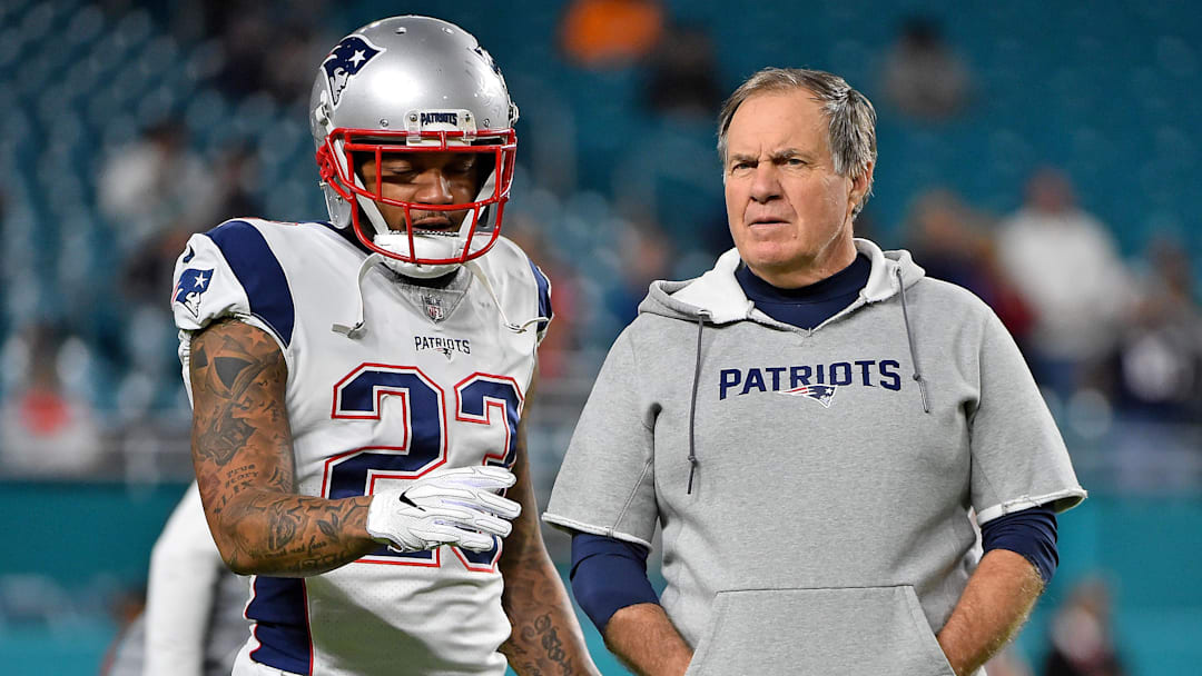 Dec 11, 2017; Miami Gardens, FL, USA; New England Patriots strong safety Patrick Chung (23) talks Dec 11, 2017; Miami Gardens, FL, USA; New England Patriots strong safety Patrick Chung (23) talks