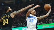 May 5, 2024; Cleveland, Ohio, USA; Orlando Magic guard Markelle Fultz (20) drives to the basket