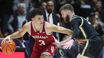 Indiana Hoosiers guard Anthony Leal (3) is defended by Purdue Boilermakers guard Braden Smith (3) Friday, Jan. 31, 2025, during the NCAA men’s basketball game at Mackey Arena in West Lafayette, Ind. Purdue Boilermakers won 81-76.