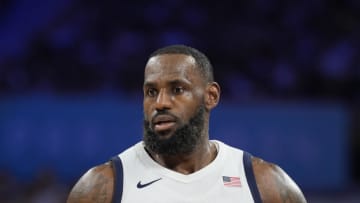 Jul 31, 2024; Villeneuve-d'Ascq, France; United States guard Lebron James (6) dribbles in the third quarter against South Sudan during the Paris 2024 Olympic Summer Games at Stade Pierre-Mauroy. Mandatory Credit: John David Mercer-USA TODAY Sports