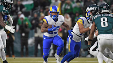 Jan 19, 2025; Philadelphia, Pennsylvania, USA; Los Angeles Rams running back Kyren Williams (23) runs with the ball against the Philadelphia Eagles in a 2025 NFC divisional round game at Lincoln Financial Field. Mandatory Credit: Eric Hartline-Imagn Images