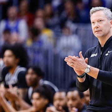 Mar 20, 2025; Denver, CO, USA; VCU Rams head coach Ryan Odom reacts during the first half against the Brigham Young Cougars in the first round of the NCAA Tournament at Ball Arena. Mandatory Credit: Isaiah J. Downing-Imagn Images